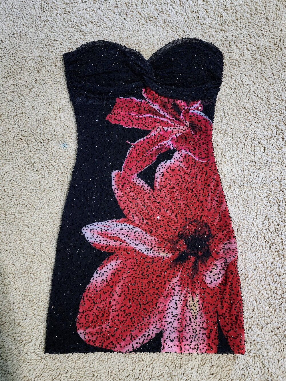 Windsor Black/Red Beaded Floral Strapless Mini Dress